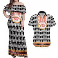 Cameroon Traditional Couples Matching Off Shoulder Maxi Dress and Hawaiian Shirt Toghu Pattern