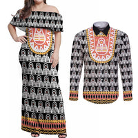 Cameroon Traditional Couples Matching Off Shoulder Maxi Dress and Long Sleeve Button Shirt Toghu Pattern