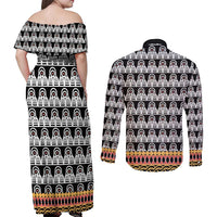 Cameroon Traditional Couples Matching Off Shoulder Maxi Dress and Long Sleeve Button Shirt Toghu Pattern