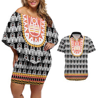 Cameroon Traditional Couples Matching Off Shoulder Short Dress and Hawaiian Shirt Toghu Pattern