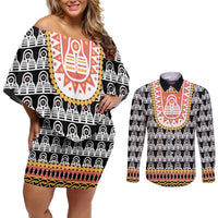 Cameroon Traditional Couples Matching Off Shoulder Short Dress and Long Sleeve Button Shirt Toghu Pattern
