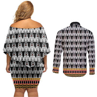 Cameroon Traditional Couples Matching Off Shoulder Short Dress and Long Sleeve Button Shirt Toghu Pattern
