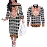 Cameroon Traditional Couples Matching Off The Shoulder Long Sleeve Dress and Long Sleeve Button Shirt Toghu Pattern