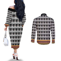 Cameroon Traditional Couples Matching Off The Shoulder Long Sleeve Dress and Long Sleeve Button Shirt Toghu Pattern