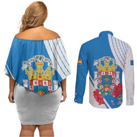 Melilla Couples Matching Off Shoulder Short Dress and Long Sleeve Button Shirt Coat Of Arms Red Carnation