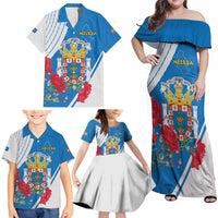 Melilla Family Matching Off Shoulder Maxi Dress and Hawaiian Shirt Coat Of Arms Red Carnation