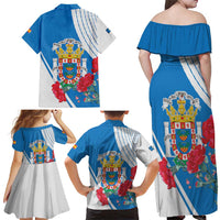 Melilla Family Matching Off Shoulder Maxi Dress and Hawaiian Shirt Coat Of Arms Red Carnation