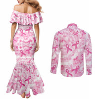 Breast Cancer Awareness Pink Ribbon Couples Matching Mermaid Dress and Long Sleeve Button Shirt Tie Dye Style - Wonder Print Shop