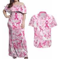 Breast Cancer Awareness Pink Ribbon Couples Matching Off Shoulder Maxi Dress and Hawaiian Shirt Tie Dye Style - Wonder Print Shop