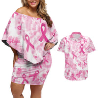 Breast Cancer Awareness Pink Ribbon Couples Matching Off Shoulder Short Dress and Hawaiian Shirt Tie Dye Style - Wonder Print Shop