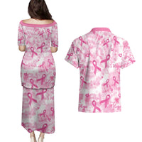 Breast Cancer Awareness Pink Ribbon Couples Matching Puletasi and Hawaiian Shirt Tie Dye Style - Wonder Print Shop