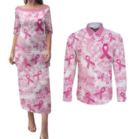 Breast Cancer Awareness Pink Ribbon Couples Matching Puletasi and Long Sleeve Button Shirt Tie Dye Style - Wonder Print Shop