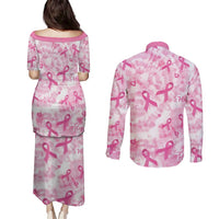 Breast Cancer Awareness Pink Ribbon Couples Matching Puletasi and Long Sleeve Button Shirt Tie Dye Style - Wonder Print Shop