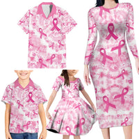 Breast Cancer Awareness Pink Ribbon Family Matching Long Sleeve Bodycon Dress and Hawaiian Shirt Tie Dye Style - Wonder Print Shop
