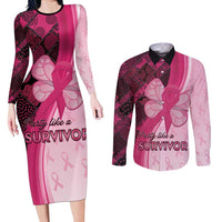Breast Cancer Awareness Couples Matching Long Sleeve Bodycon Dress and Long Sleeve Button Shirt Party Like A Survivor - Pink African Pattern - Wonder Print Shop