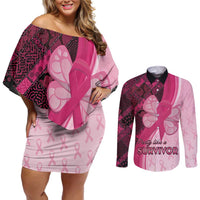 Breast Cancer Awareness Couples Matching Off Shoulder Short Dress and Long Sleeve Button Shirt Party Like A Survivor - Pink African Pattern - Wonder Print Shop
