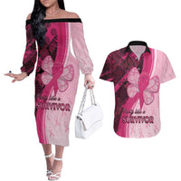Breast Cancer Awareness Couples Matching Off The Shoulder Long Sleeve Dress and Hawaiian Shirt Party Like A Survivor - Pink African Pattern - Wonder Print Shop