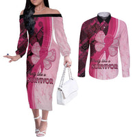 Breast Cancer Awareness Couples Matching Off The Shoulder Long Sleeve Dress and Long Sleeve Button Shirt Party Like A Survivor - Pink African Pattern - Wonder Print Shop