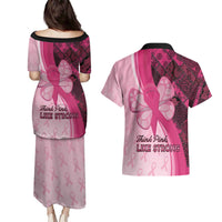 Breast Cancer Awareness Couples Matching Puletasi and Hawaiian Shirt Party Like A Survivor - Pink African Pattern - Wonder Print Shop