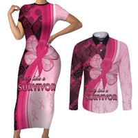 Breast Cancer Awareness Couples Matching Short Sleeve Bodycon Dress and Long Sleeve Button Shirt Party Like A Survivor - Pink African Pattern - Wonder Print Shop
