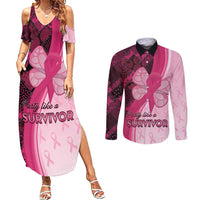 Breast Cancer Awareness Couples Matching Summer Maxi Dress and Long Sleeve Button Shirt Party Like A Survivor - Pink African Pattern - Wonder Print Shop