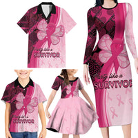 Breast Cancer Awareness Family Matching Long Sleeve Bodycon Dress and Hawaiian Shirt Party Like A Survivor - Pink African Pattern - Wonder Print Shop