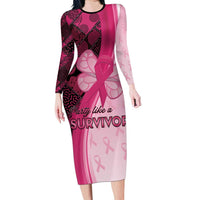 Breast Cancer Awareness Family Matching Long Sleeve Bodycon Dress and Hawaiian Shirt Party Like A Survivor - Pink African Pattern - Wonder Print Shop