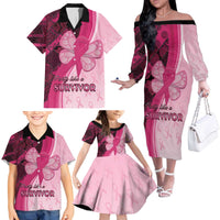 Breast Cancer Awareness Family Matching Off The Shoulder Long Sleeve Dress and Hawaiian Shirt Party Like A Survivor - Pink African Pattern - Wonder Print Shop