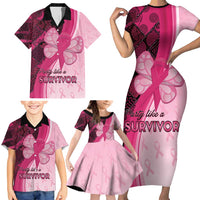 Breast Cancer Awareness Family Matching Short Sleeve Bodycon Dress and Hawaiian Shirt Party Like A Survivor - Pink African Pattern - Wonder Print Shop