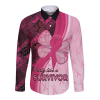 Breast Cancer Awareness Long Sleeve Button Shirt Party Like A Survivor - Pink African Pattern - Wonder Print Shop