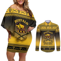 Buffalo Soldiers Christmas Couples Matching Off Shoulder Short Dress and Long Sleeve Button Shirt 10th Cavalry Regiment - Wonder Print Shop