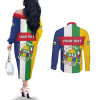 Personalized Central African Republic Couples Matching Off The Shoulder Long Sleeve Dress and Long Sleeve Button Shirt Happy Republic Day - Wonder Print Shop