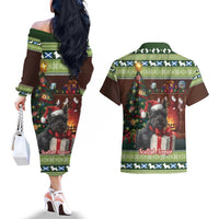 Scotland Christmas Couples Matching Off The Shoulder Long Sleeve Dress and Hawaiian Shirt Scottish Terrier - Nollaig Chridheil - Wonder Print Shop