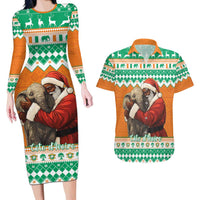 Ivory Coast Christmas Couples Matching Long Sleeve Bodycon Dress and Hawaiian Shirt Black Santa With Forest Elephant - Wonder Print Shop
