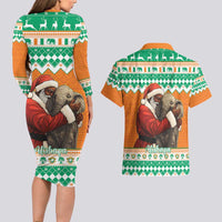 Ivory Coast Christmas Couples Matching Long Sleeve Bodycon Dress and Hawaiian Shirt Black Santa With Forest Elephant - Wonder Print Shop