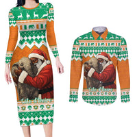 Ivory Coast Christmas Couples Matching Long Sleeve Bodycon Dress and Long Sleeve Button Shirt Black Santa With Forest Elephant - Wonder Print Shop