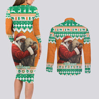 Ivory Coast Christmas Couples Matching Long Sleeve Bodycon Dress and Long Sleeve Button Shirt Black Santa With Forest Elephant - Wonder Print Shop