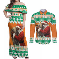 Ivory Coast Christmas Couples Matching Off Shoulder Maxi Dress and Long Sleeve Button Shirt Black Santa With Forest Elephant - Wonder Print Shop