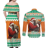 Ivory Coast Christmas Couples Matching Off Shoulder Maxi Dress and Long Sleeve Button Shirt Black Santa With Forest Elephant - Wonder Print Shop