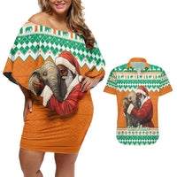 Ivory Coast Christmas Couples Matching Off Shoulder Short Dress and Hawaiian Shirt Black Santa With Forest Elephant - Wonder Print Shop