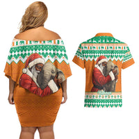 Ivory Coast Christmas Couples Matching Off Shoulder Short Dress and Hawaiian Shirt Black Santa With Forest Elephant - Wonder Print Shop