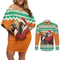 Ivory Coast Christmas Couples Matching Off Shoulder Short Dress and Long Sleeve Button Shirt Black Santa With Forest Elephant - Wonder Print Shop