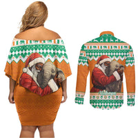 Ivory Coast Christmas Couples Matching Off Shoulder Short Dress and Long Sleeve Button Shirt Black Santa With Forest Elephant - Wonder Print Shop