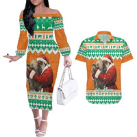 Ivory Coast Christmas Couples Matching Off The Shoulder Long Sleeve Dress and Hawaiian Shirt Black Santa With Forest Elephant - Wonder Print Shop