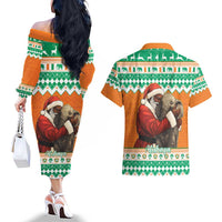 Ivory Coast Christmas Couples Matching Off The Shoulder Long Sleeve Dress and Hawaiian Shirt Black Santa With Forest Elephant - Wonder Print Shop