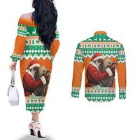 Ivory Coast Christmas Couples Matching Off The Shoulder Long Sleeve Dress and Long Sleeve Button Shirt Black Santa With Forest Elephant