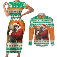 Ivory Coast Christmas Couples Matching Short Sleeve Bodycon Dress and Long Sleeve Button Shirt Black Santa With Forest Elephant - Wonder Print Shop