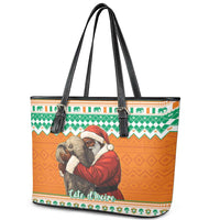Ivory Coast Christmas Leather Tote Bag Black Santa With Forest Elephant - Wonder Print Shop