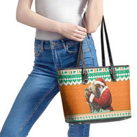 Ivory Coast Christmas Leather Tote Bag Black Santa With Forest Elephant - Wonder Print Shop