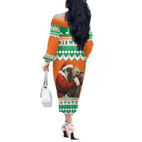 Ivory Coast Christmas Off The Shoulder Long Sleeve Dress Black Santa With Forest Elephant - Wonder Print Shop